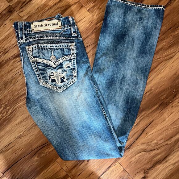 Mid Rise Rock Revival Jeans Gloria Boot Cut Size 30 Style E8446BL Sequin Studded - Picture 2 of 15